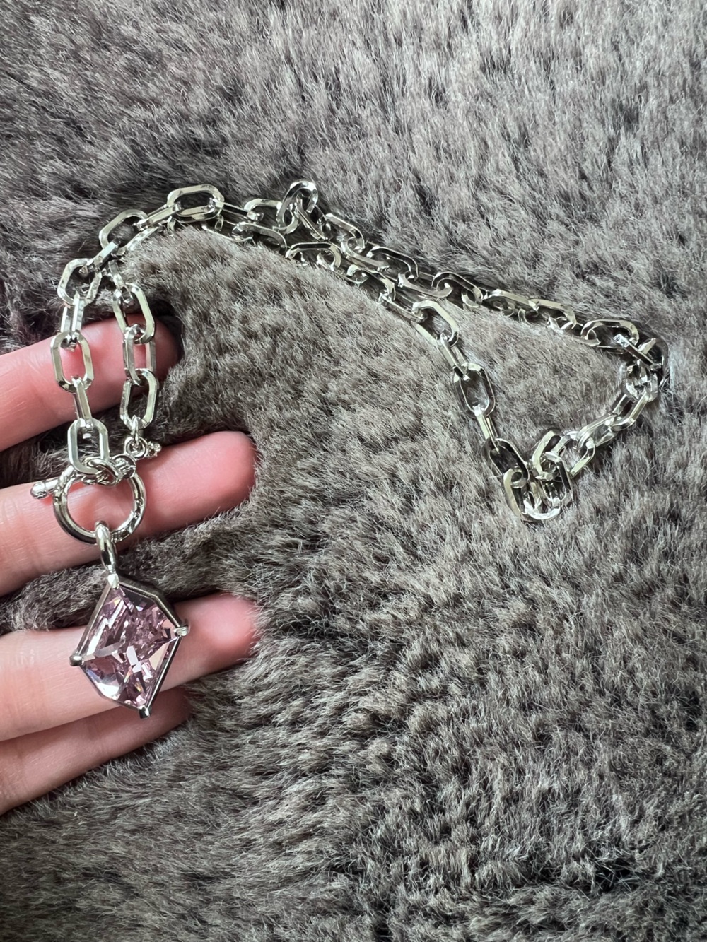 Myka Silver Chain Necklace with Pink Square Crystal Pendant